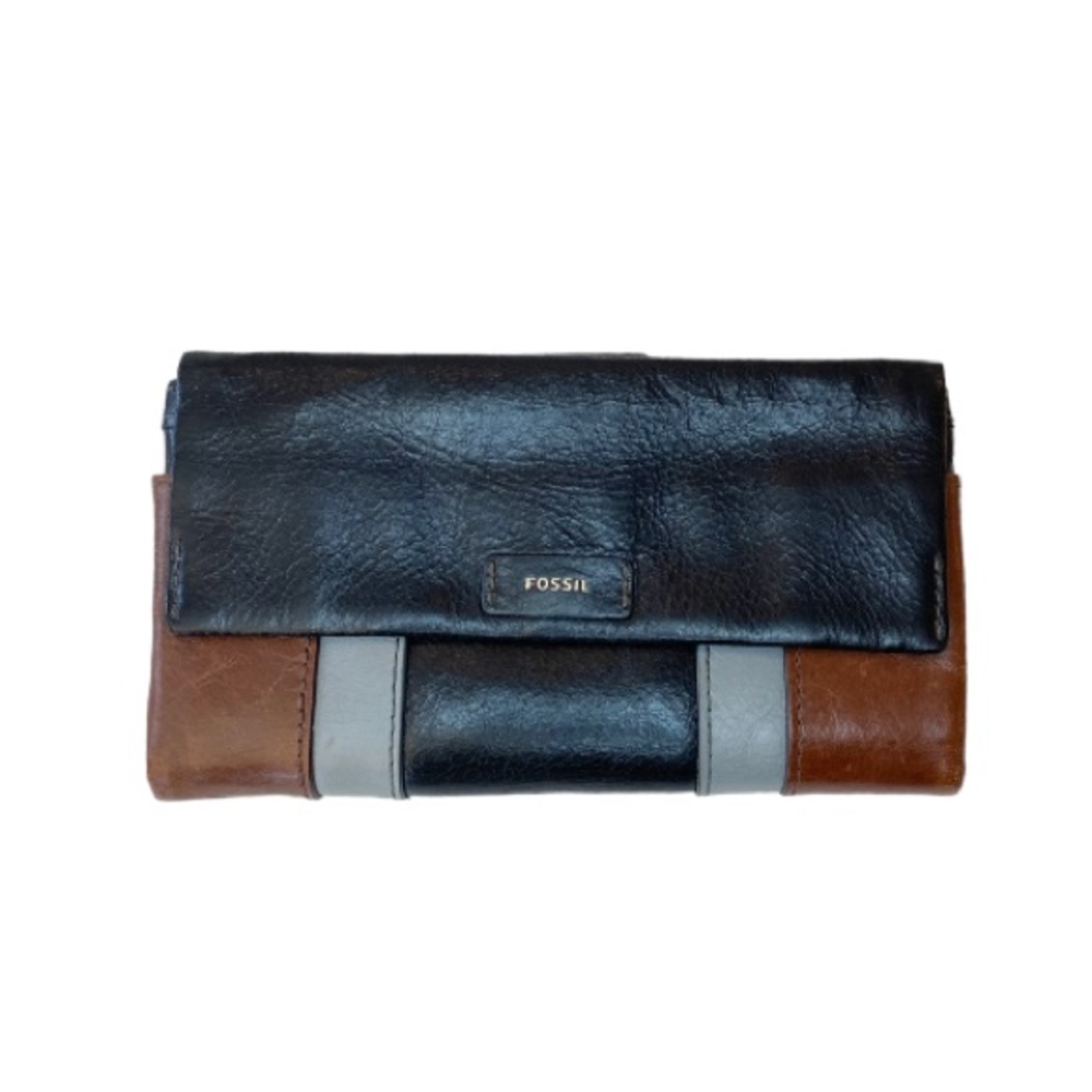 Fossil Ellis Black Leather Patchwork Wallet Clutch
